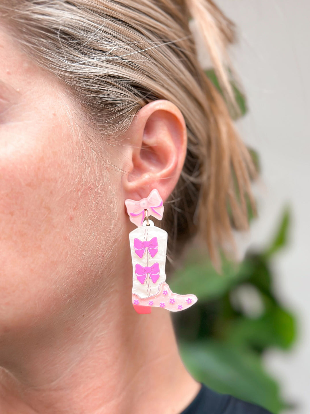 Pink Bow Boot Dangle Earrings