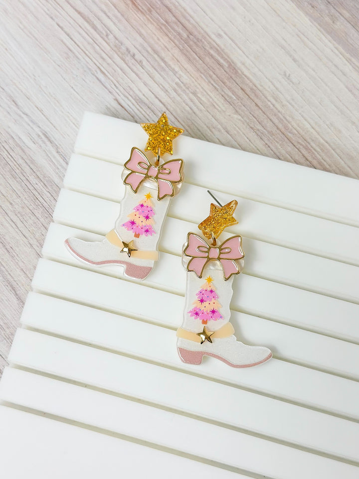 Pink Chrismtas Tree Boot Dangle Earrings