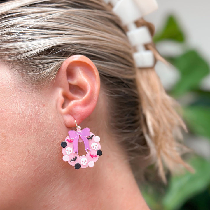 Pink Halloween Wreath Dangle Earrings