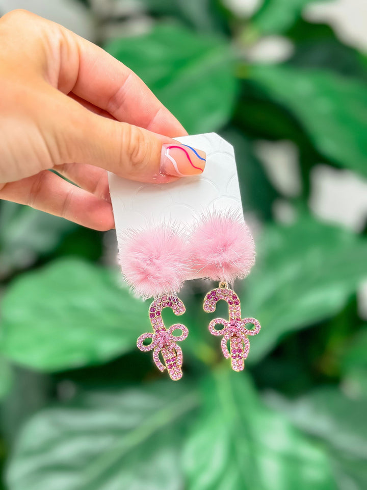 Pom Pom Rhinestone Candy Cane Dangle Earrings - Pink