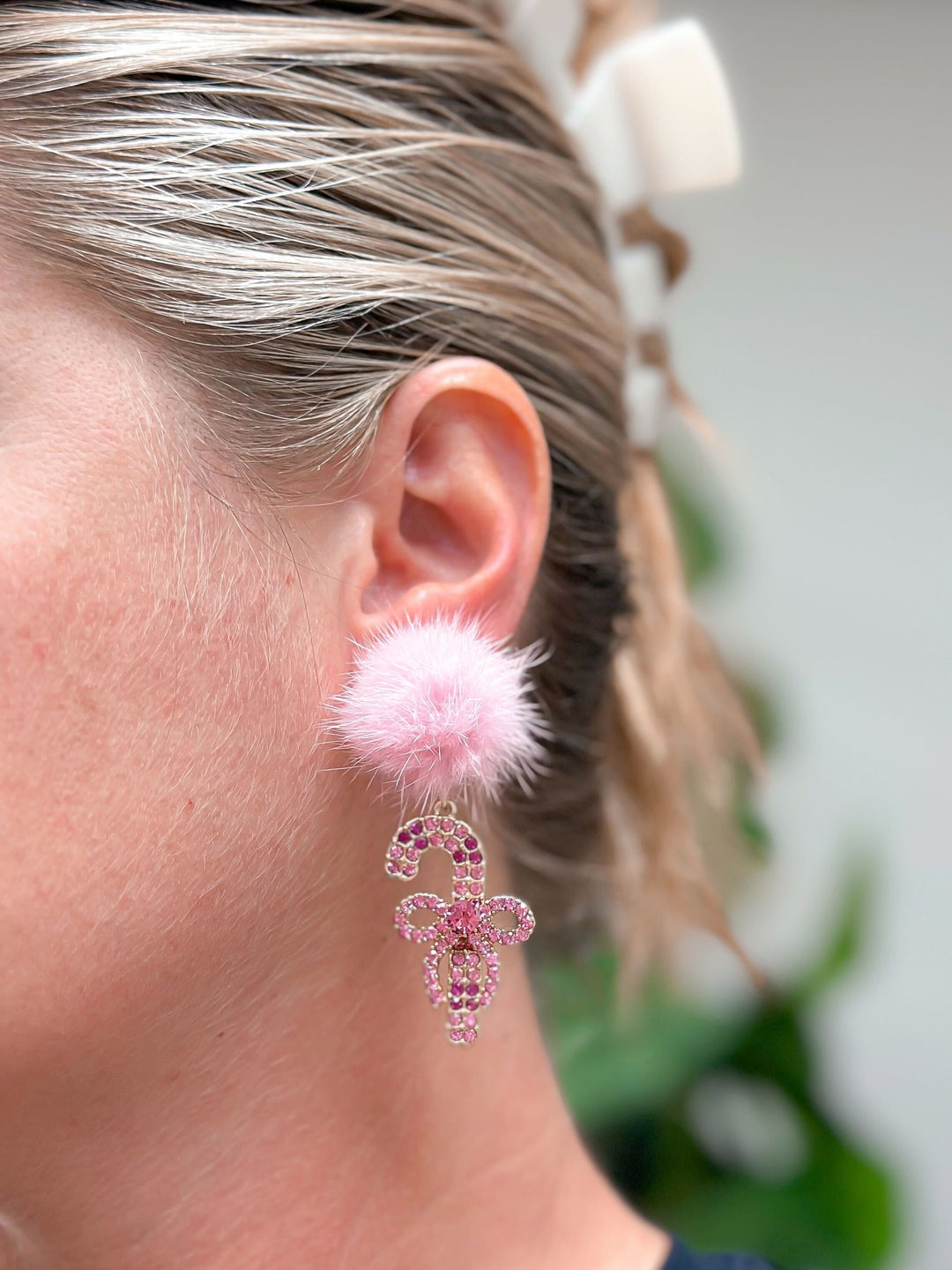 Pom Pom Rhinestone Candy Cane Dangle Earrings - Pink