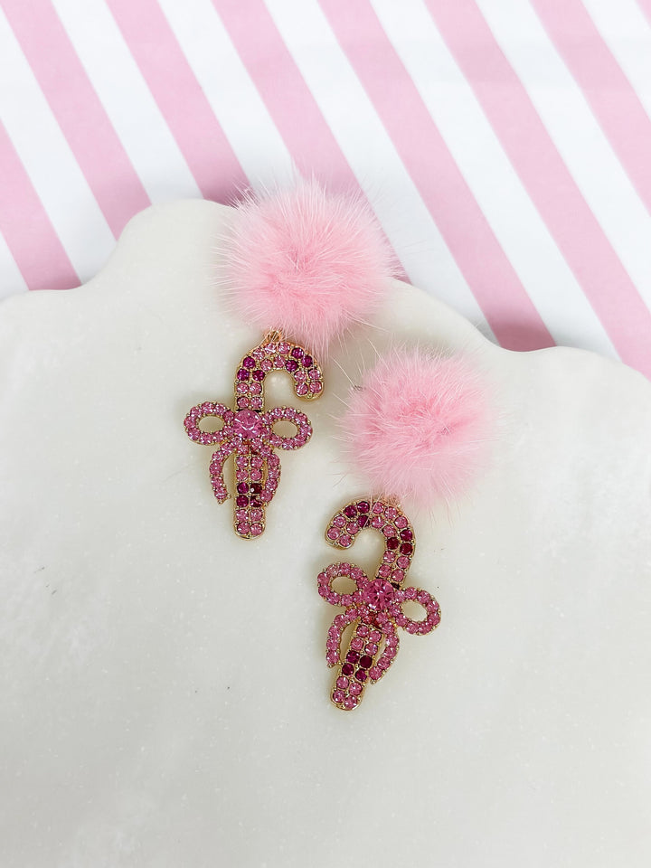 Pom Pom Rhinestone Candy Cane Dangle Earrings - Pink