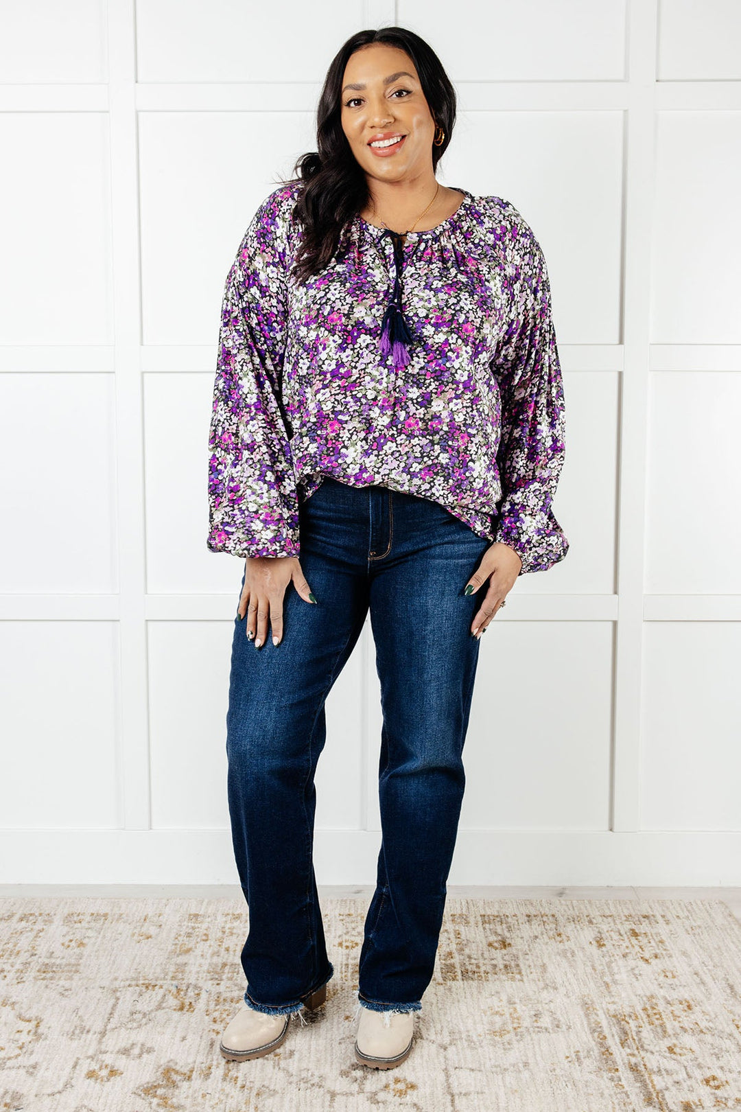 Pulled Together Ditsy Floral Bubble Sleeve Blouse - 12/31