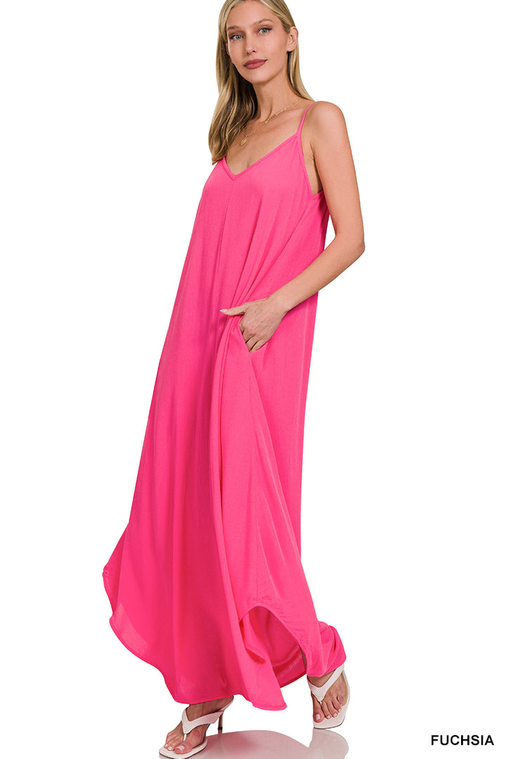 Crinkle Cami Maxi Pocket Dress - Fuchsia