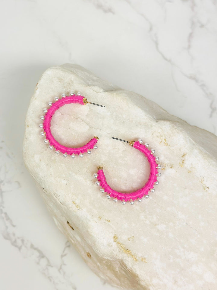 Classic Pearl Lined Hoop Earrings - Hot Pink