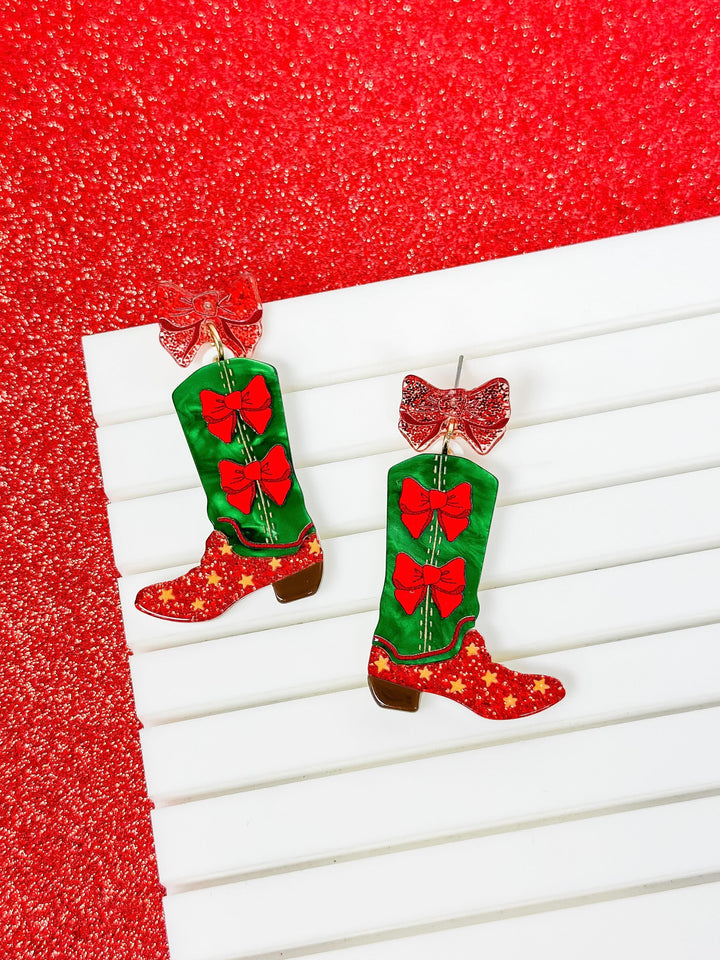 Red Bow Boot Dangle Earrings