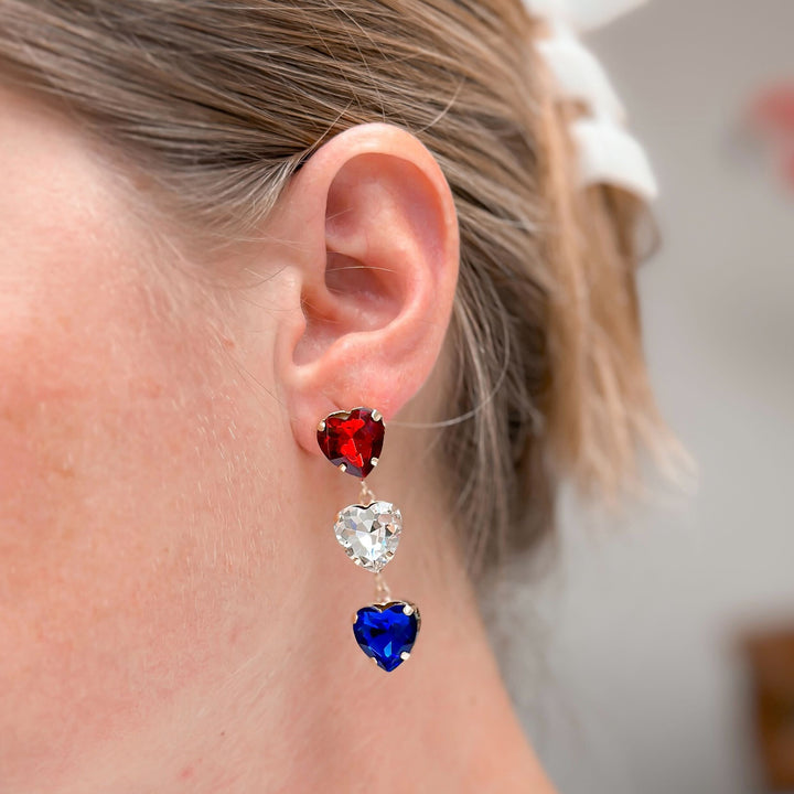 Red, White, & Blue Heart Gem Dangle Earrings