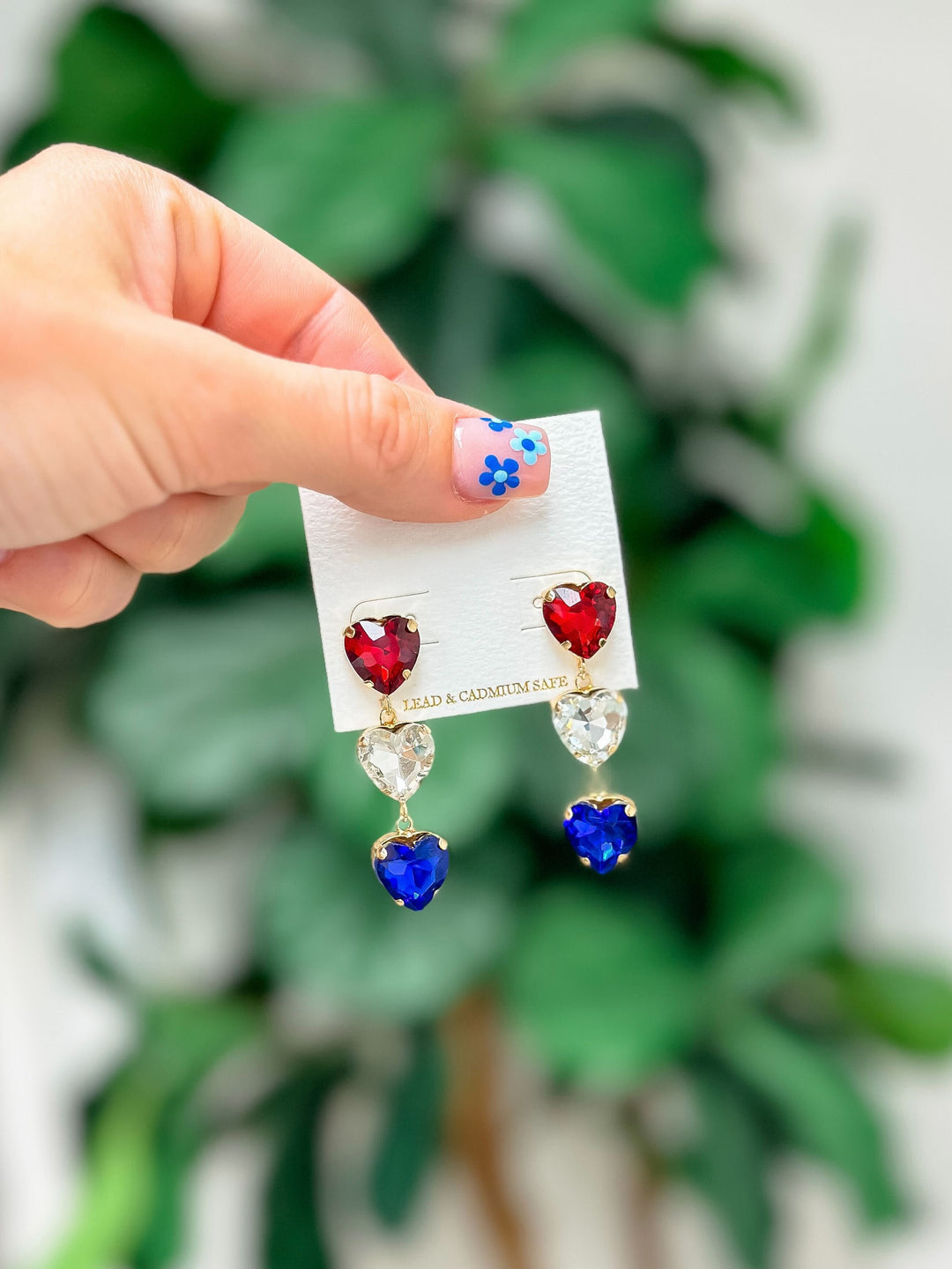 Red, White, & Blue Heart Gem Dangle Earrings