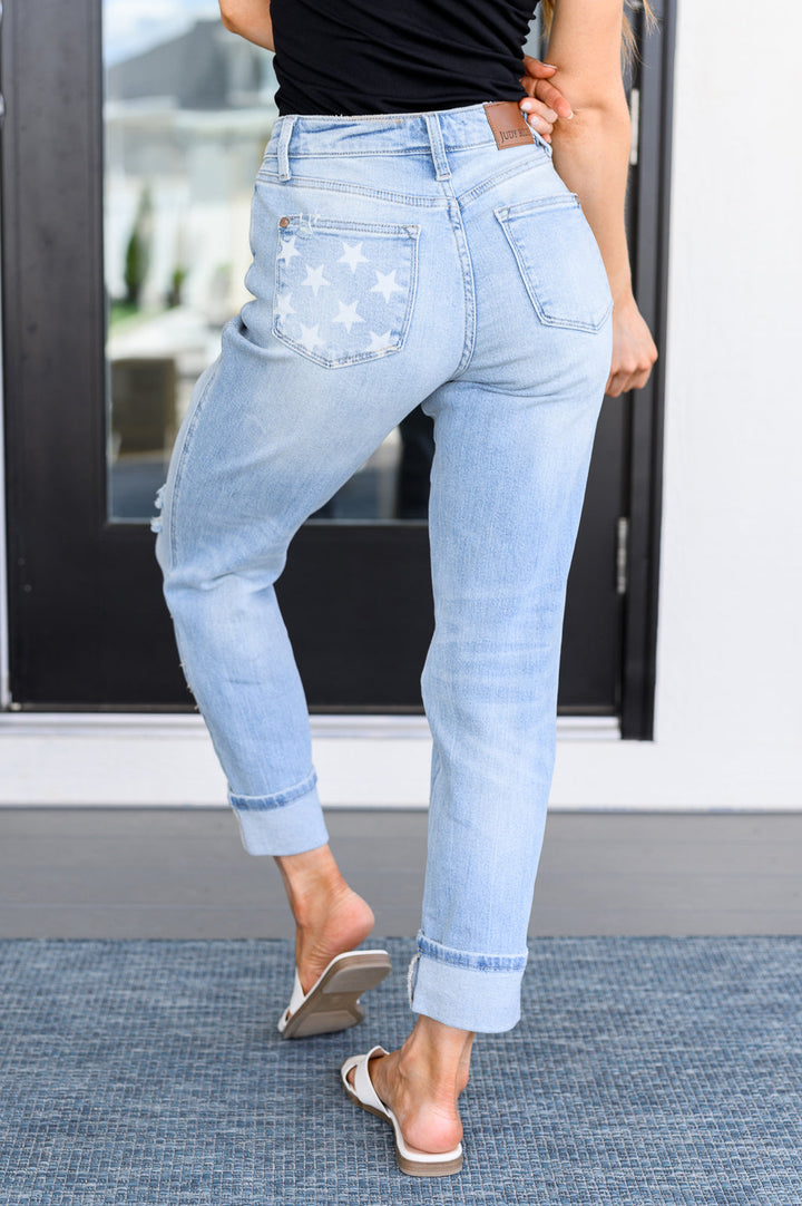 Sam Mid Rise Star Pocket Boyfriend Jeans by Judy Blue