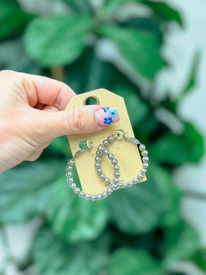 Shiny Ball Hoop Earrings - Silver