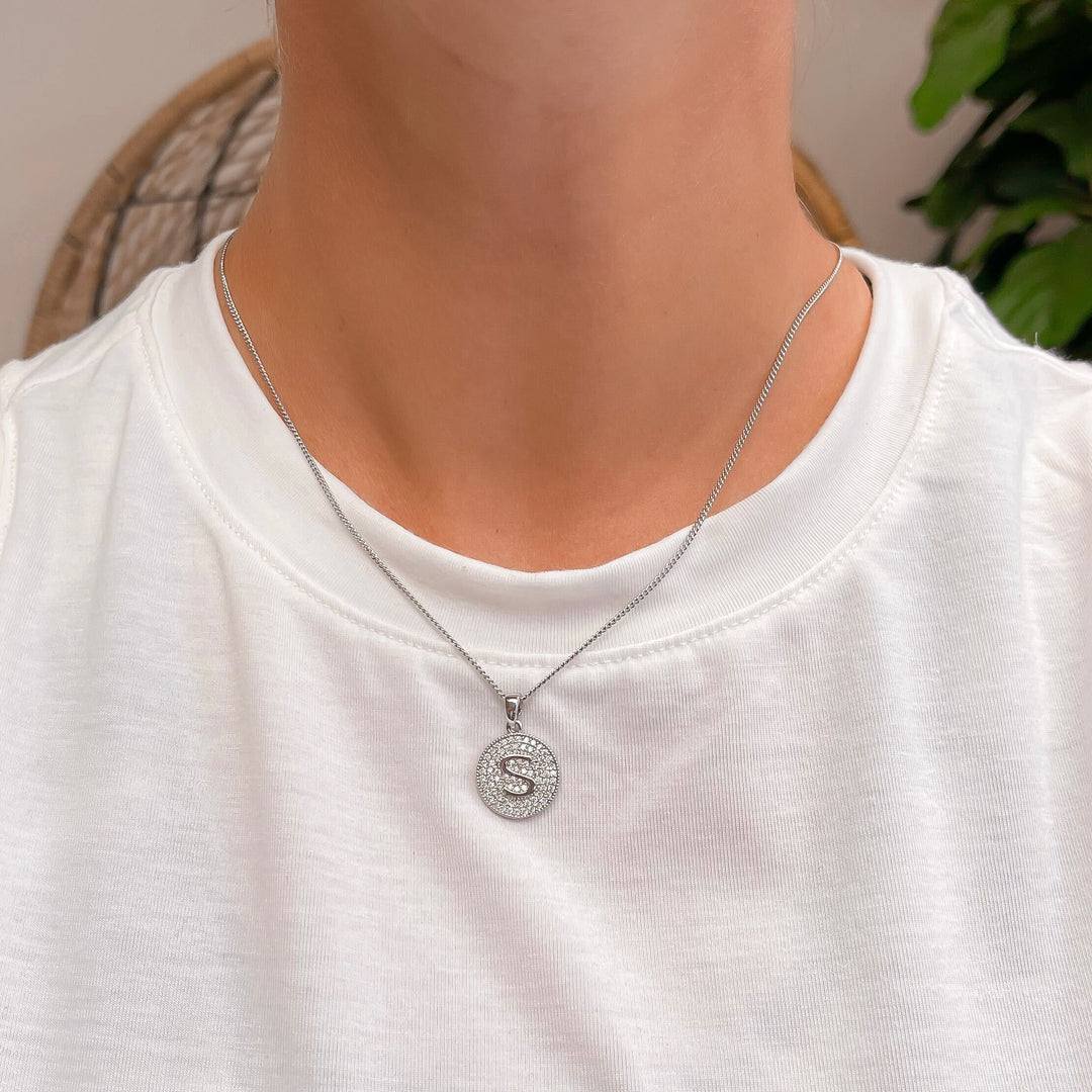 Cubic Zirconia Initial Disc Pendant Necklaces - White Gold