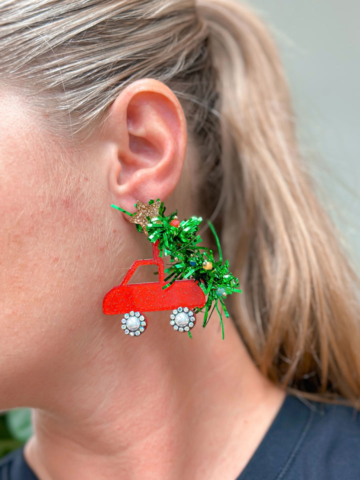 Tinsel Christmas Tree Truck Dangle Earrings