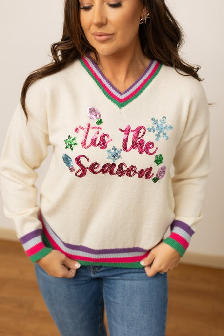 Tis the Season Sequin Cream Sweater - 12/3