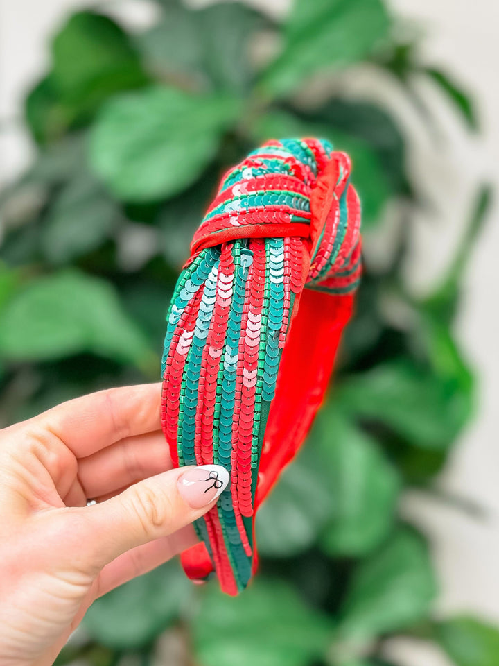 Top Knot Green & Red Sequin Headband