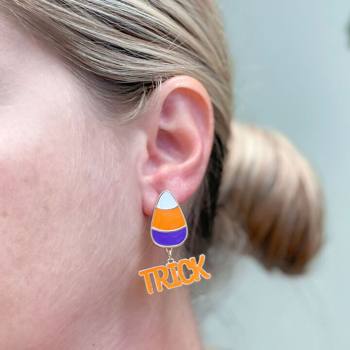 'Trick or Treat' Dangle Candy Corn Enamel Earrings