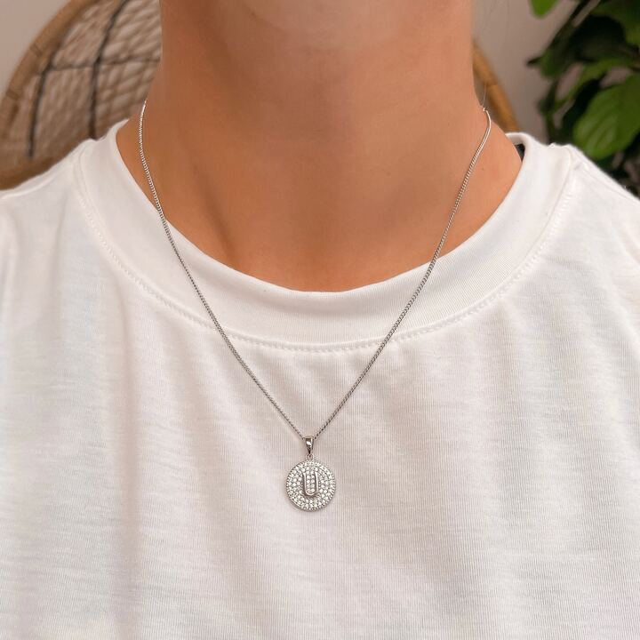 Cubic Zirconia Initial Disc Pendant Necklaces - White Gold