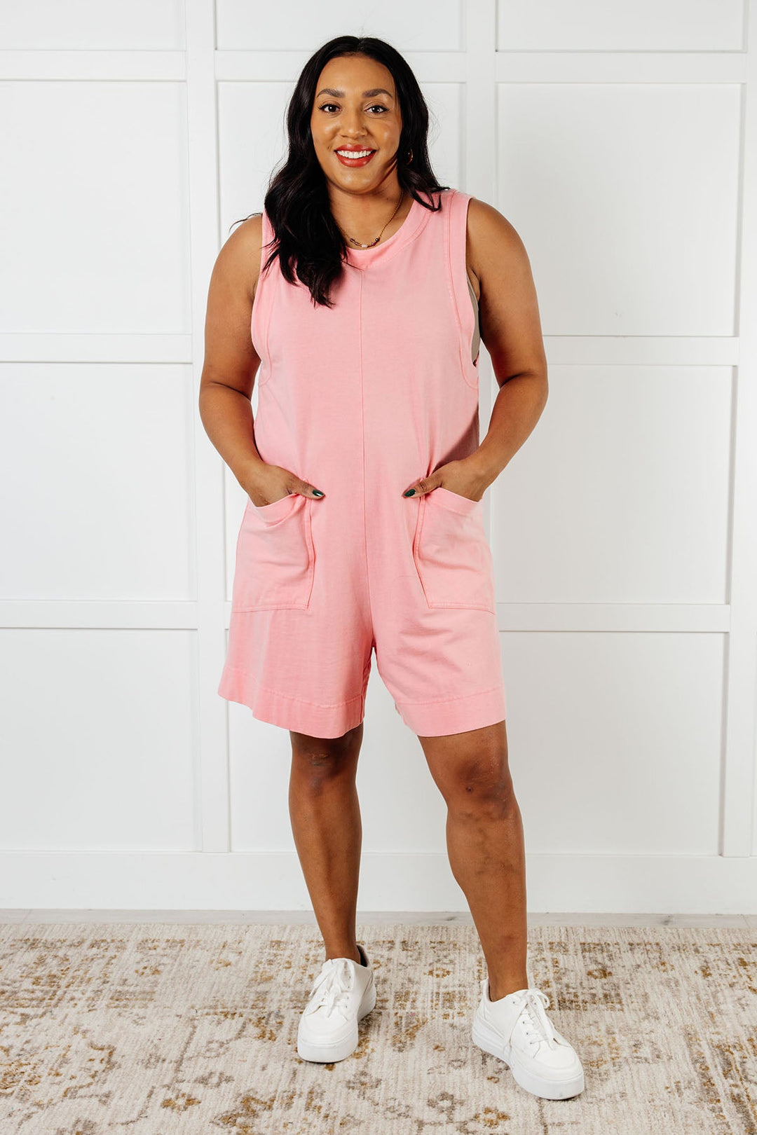 Up and Running Mineral Wash Romper in Coral Pink - 1/2