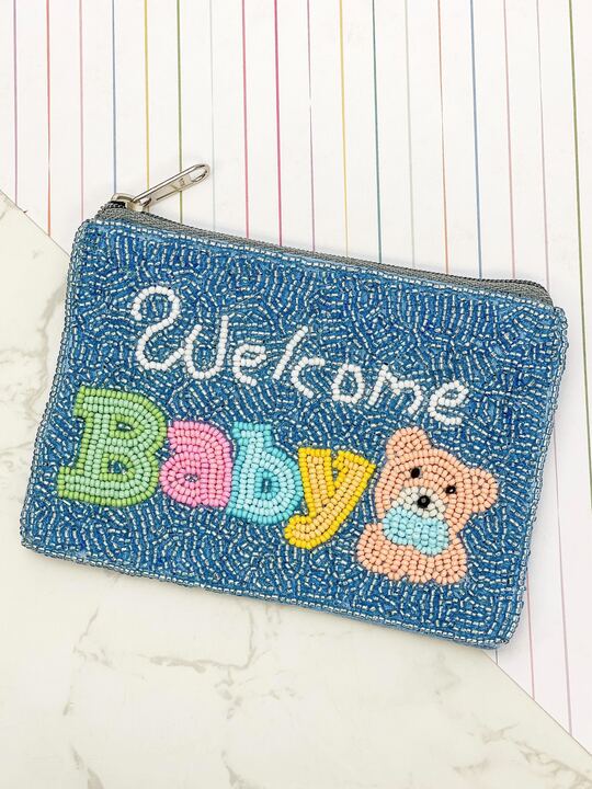 'Welcome Baby' Beaded Zip Pouch - Blue