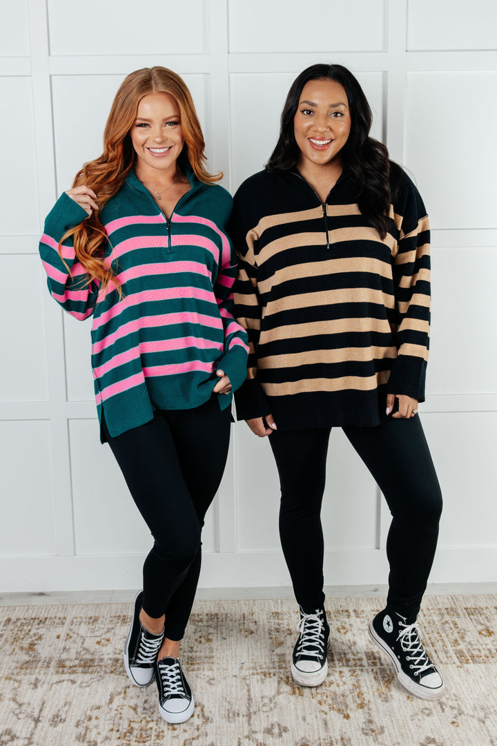 Well Situated Striped Quarter Zip Sweater in Green and Pink - 1/7