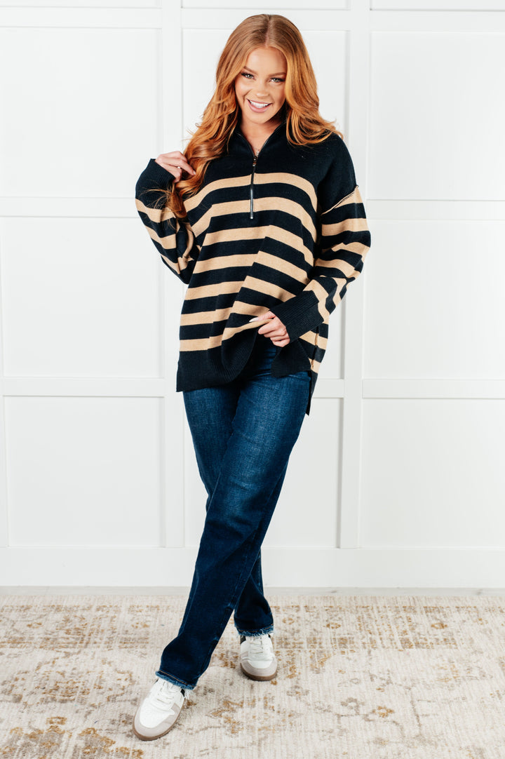 Well Situated Striped Quarter Zip Sweater in Black and Tan - 1/7