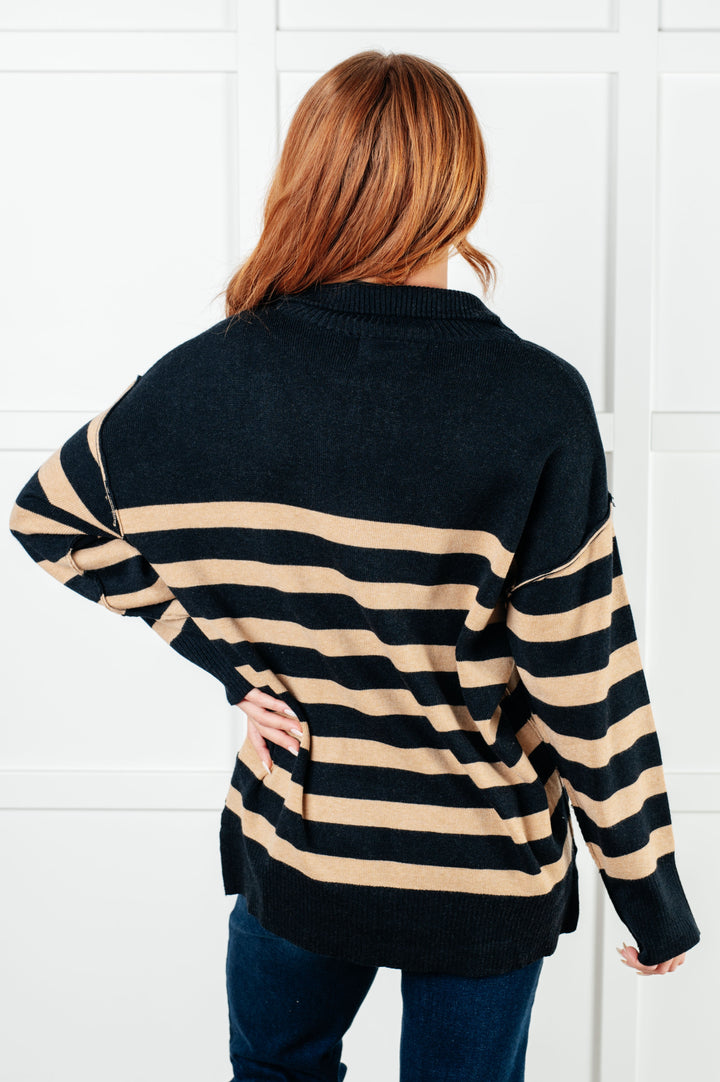 Well Situated Striped Quarter Zip Sweater in Black and Tan - 1/7