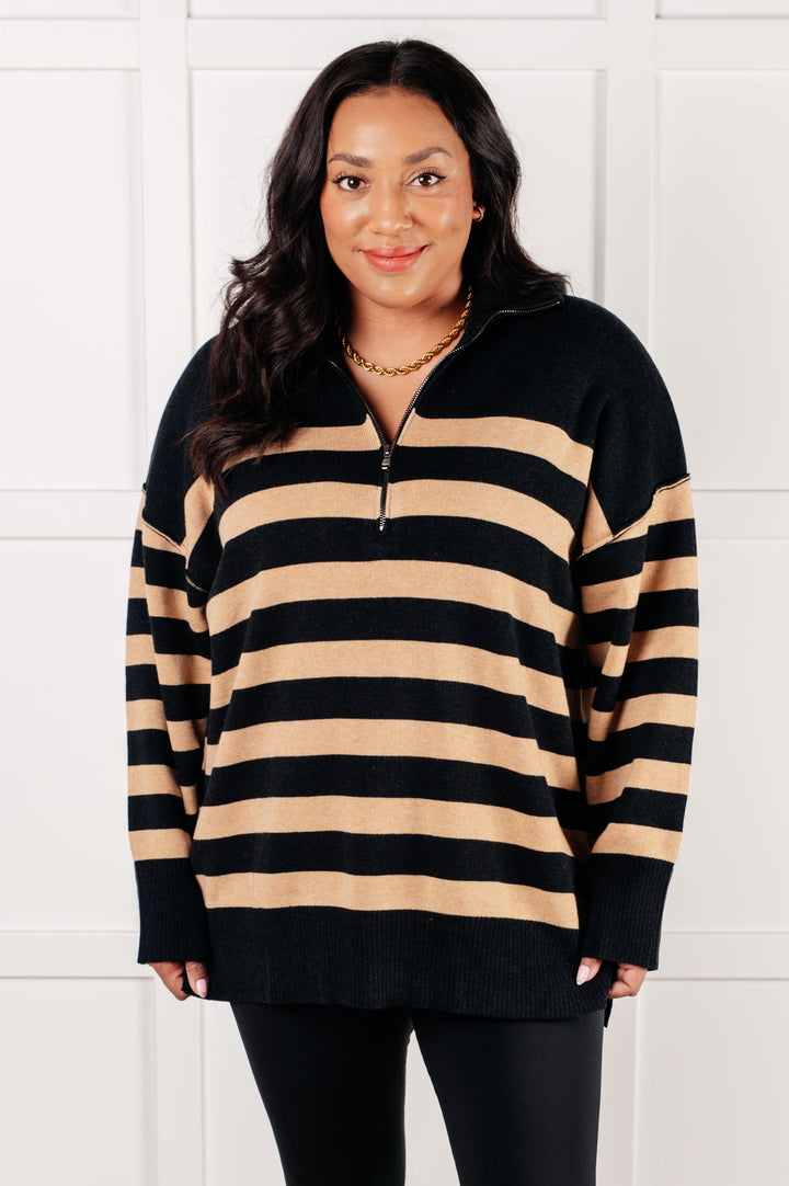 Well Situated Striped Quarter Zip Sweater in Black and Tan - 1/7