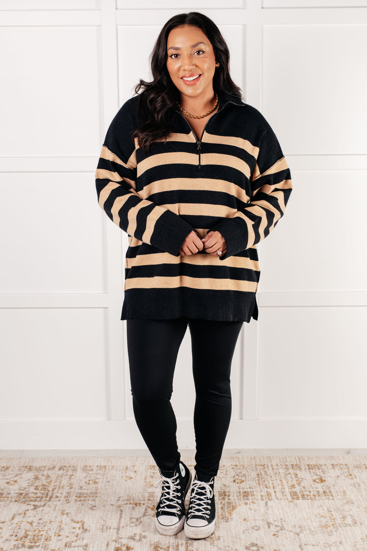 Well Situated Striped Quarter Zip Sweater in Black and Tan - 1/7