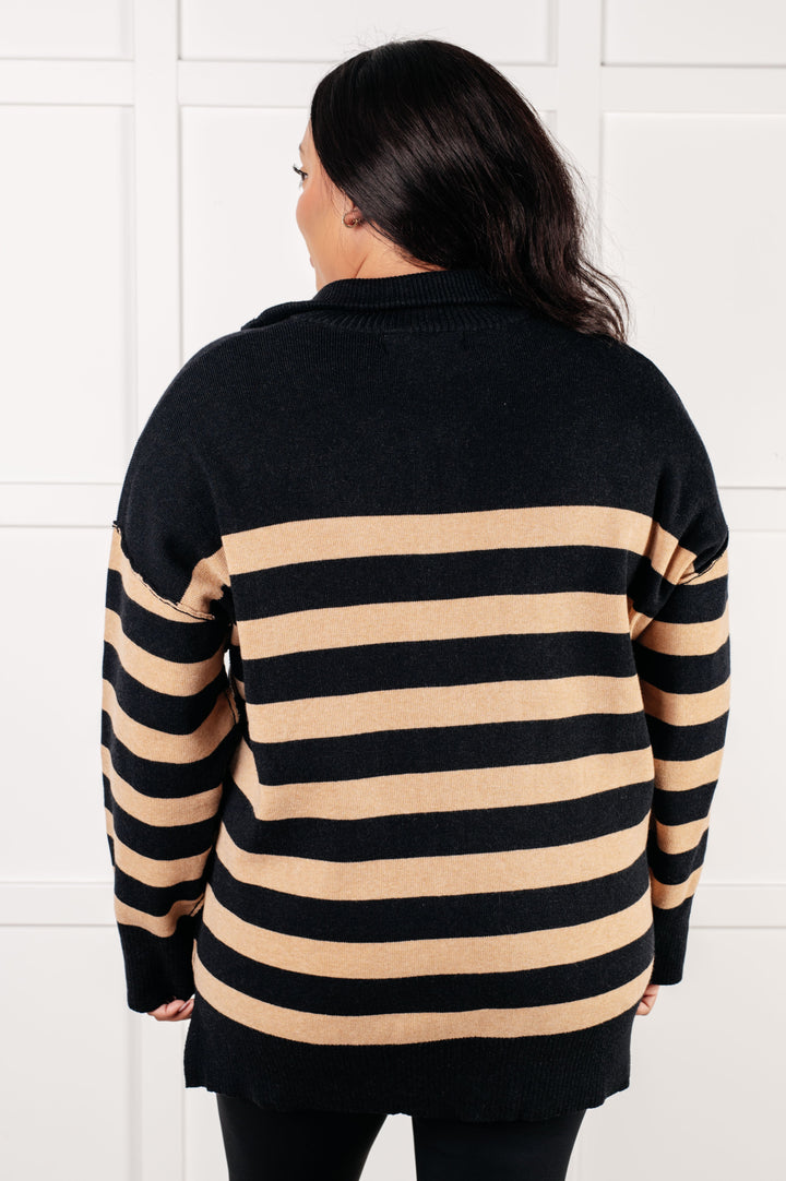 Well Situated Striped Quarter Zip Sweater in Black and Tan - 1/7