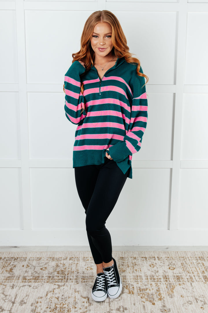 Well Situated Striped Quarter Zip Sweater in Green and Pink - 1/7