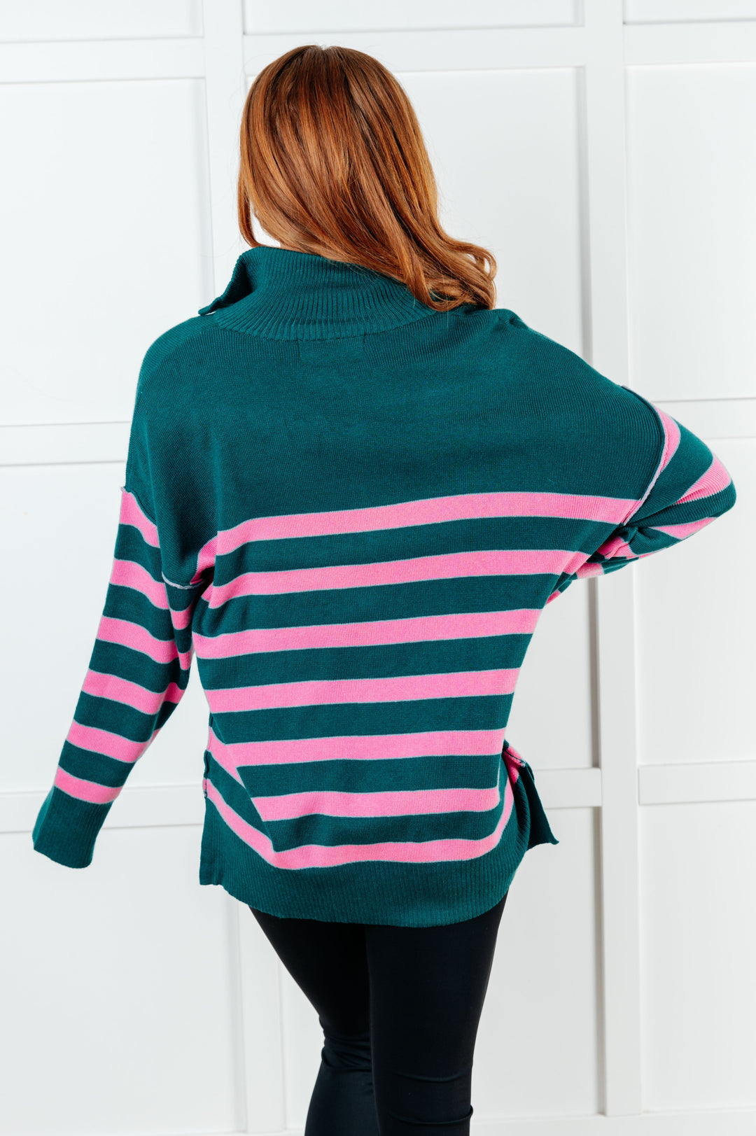 Well Situated Striped Quarter Zip Sweater in Green and Pink - 1/7