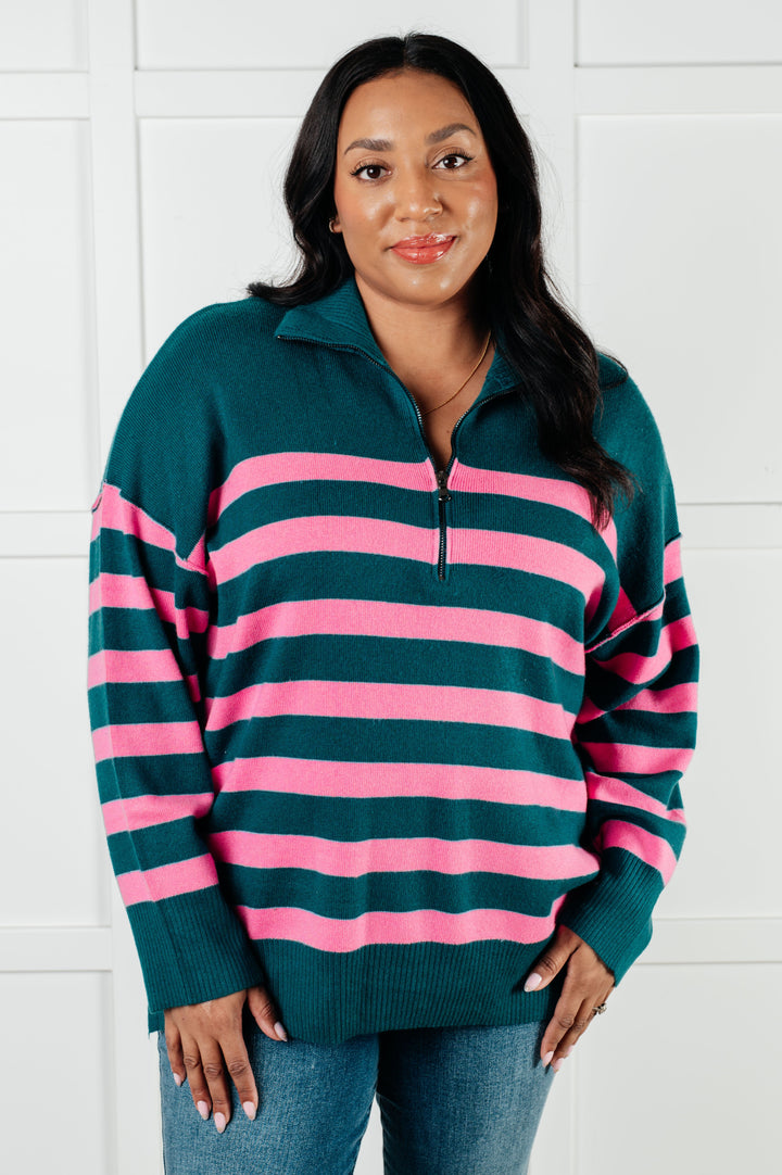 Well Situated Striped Quarter Zip Sweater in Green and Pink - 1/7