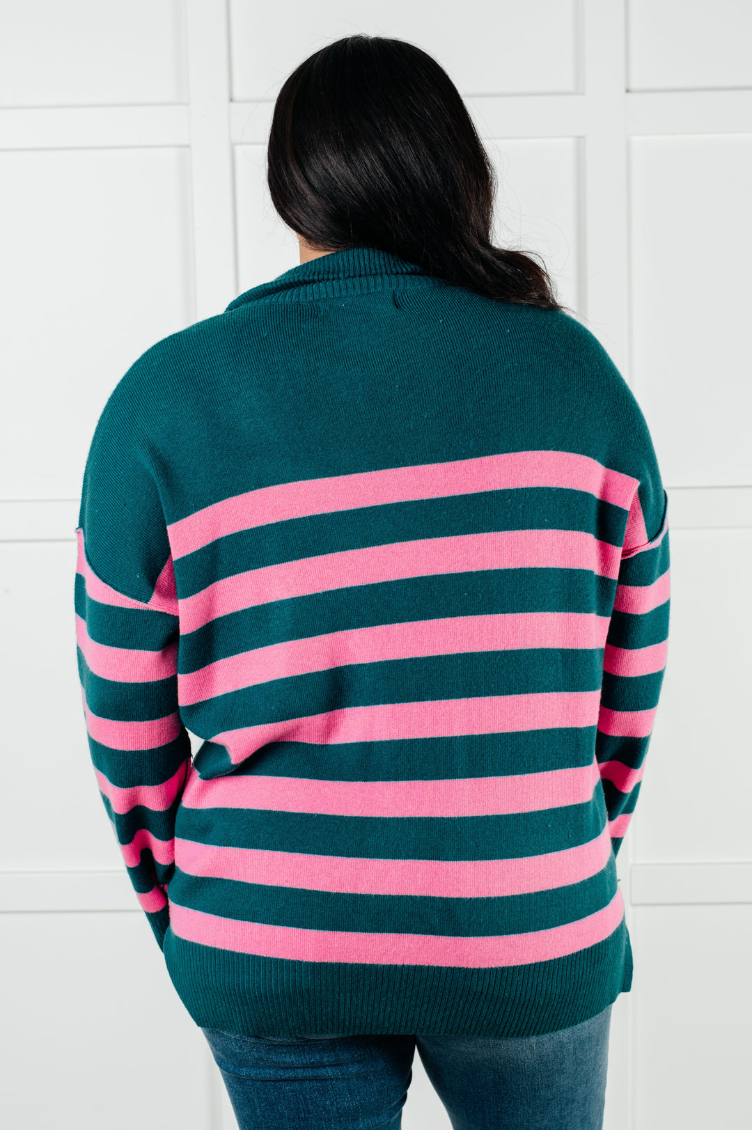 Well Situated Striped Quarter Zip Sweater in Green and Pink - 1/7