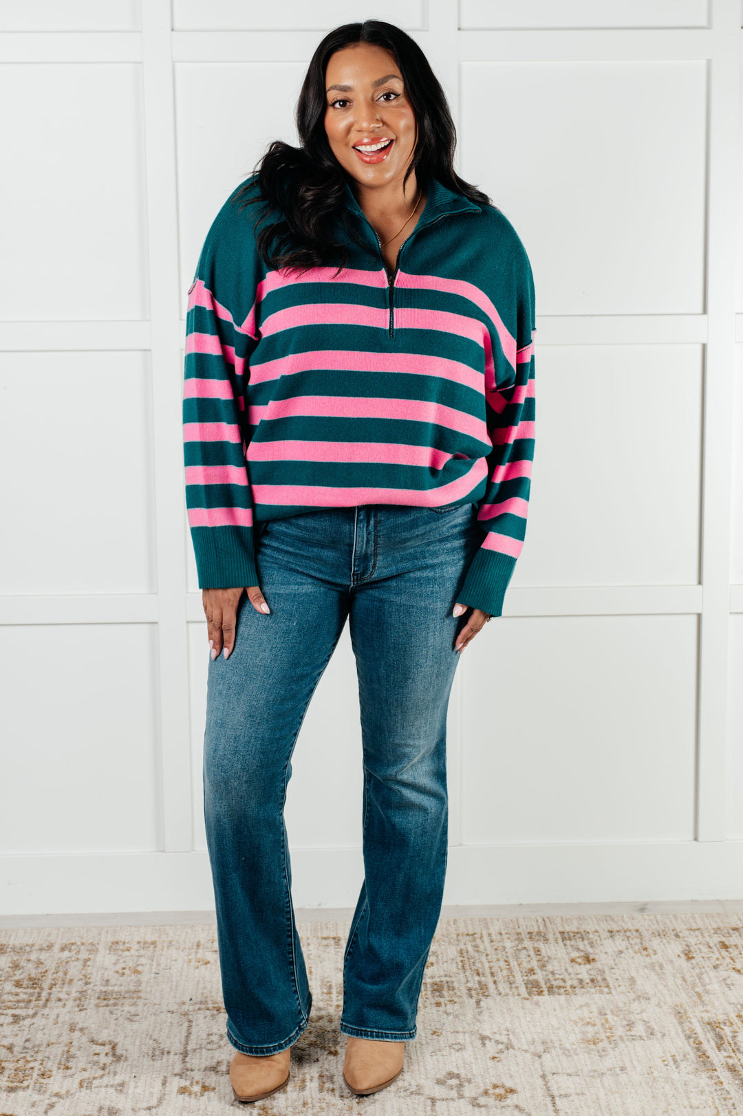 Well Situated Striped Quarter Zip Sweater in Green and Pink - 1/7