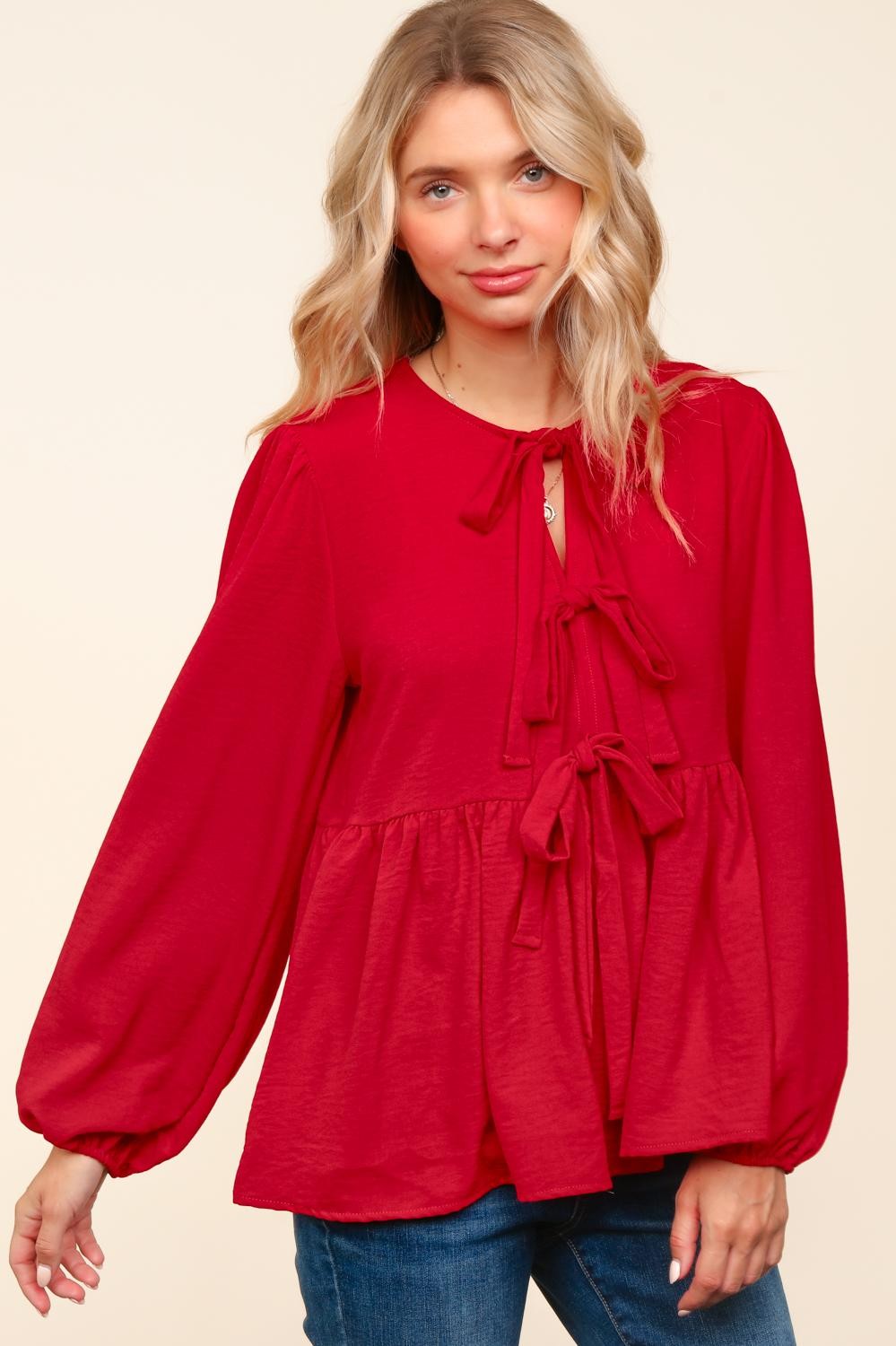 Front Ribbon Tie Long Sleeve Blouse - Red