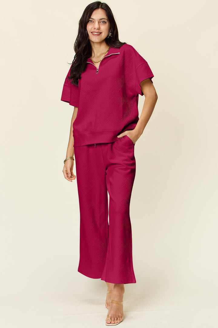 Textured Half Zip Short Sleeve Top and Pants Set by Double Take (Ships in 2-3 Weeks)