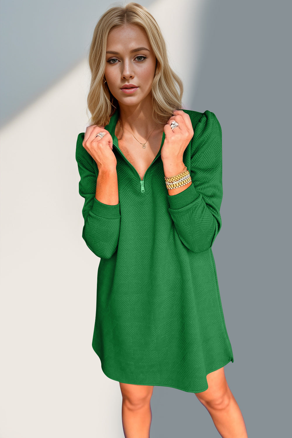 Textured Quarter Zip Long Sleeve Dress by Double Take (Ships in 2-3 Weeks)