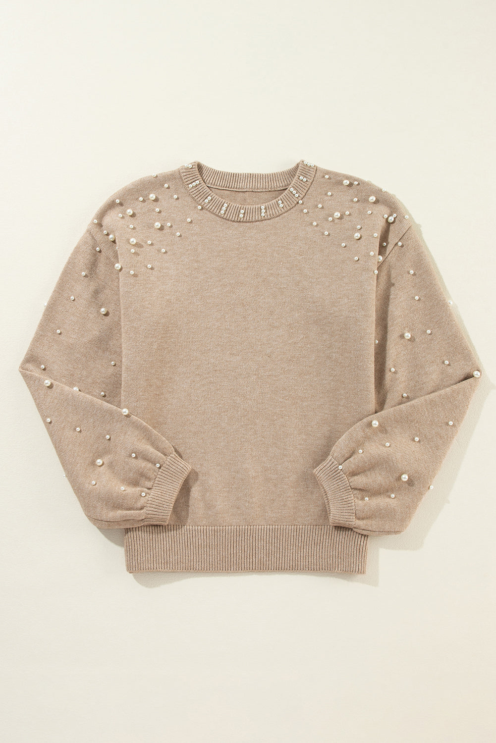 Bella Pearl Sleeve Round Neck Sweater - Taupe (Ships in 2-3 Weeks)