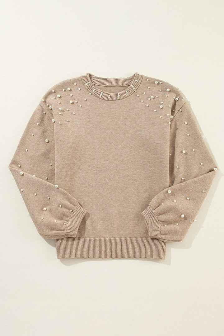 Bella Pearl Sleeve Round Neck Sweater - Taupe (Ships in 2-3 Weeks)