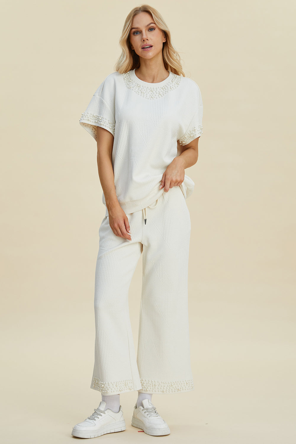 Pearl Detail Top and Pants Set by Double Take (Ships in 2-3 Weeks)