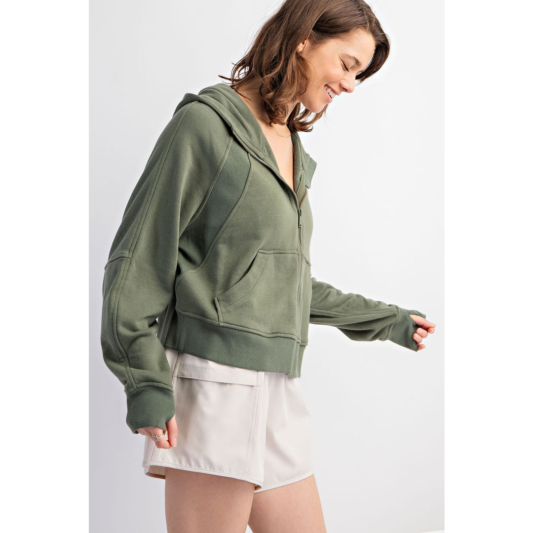 French Terry Full Zip Hoodie by Rae Mode - Light Olive