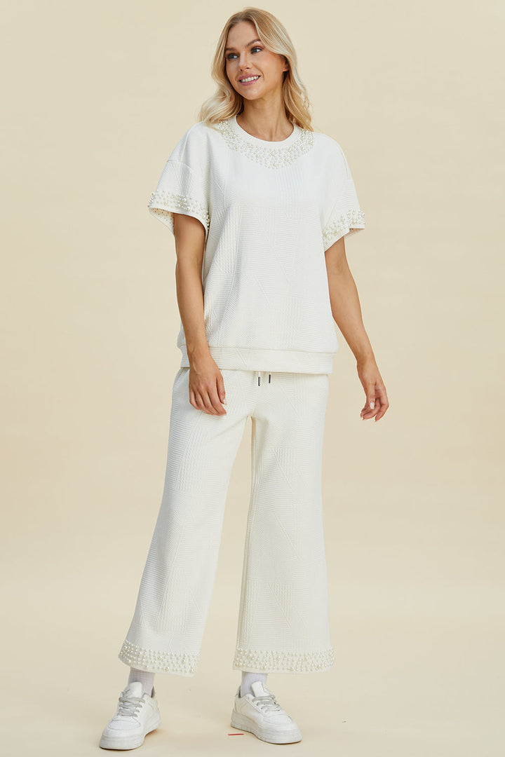 Pearl Detail Top and Pants Set by Double Take (Ships in 2-3 Weeks)