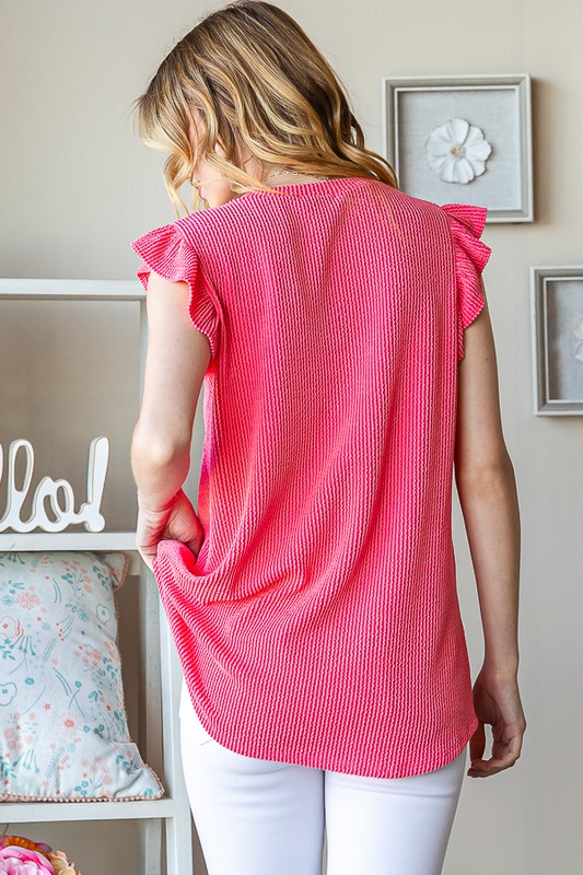 Butterfly Sleeve V-Neck Ribbed Top - Hot Pink