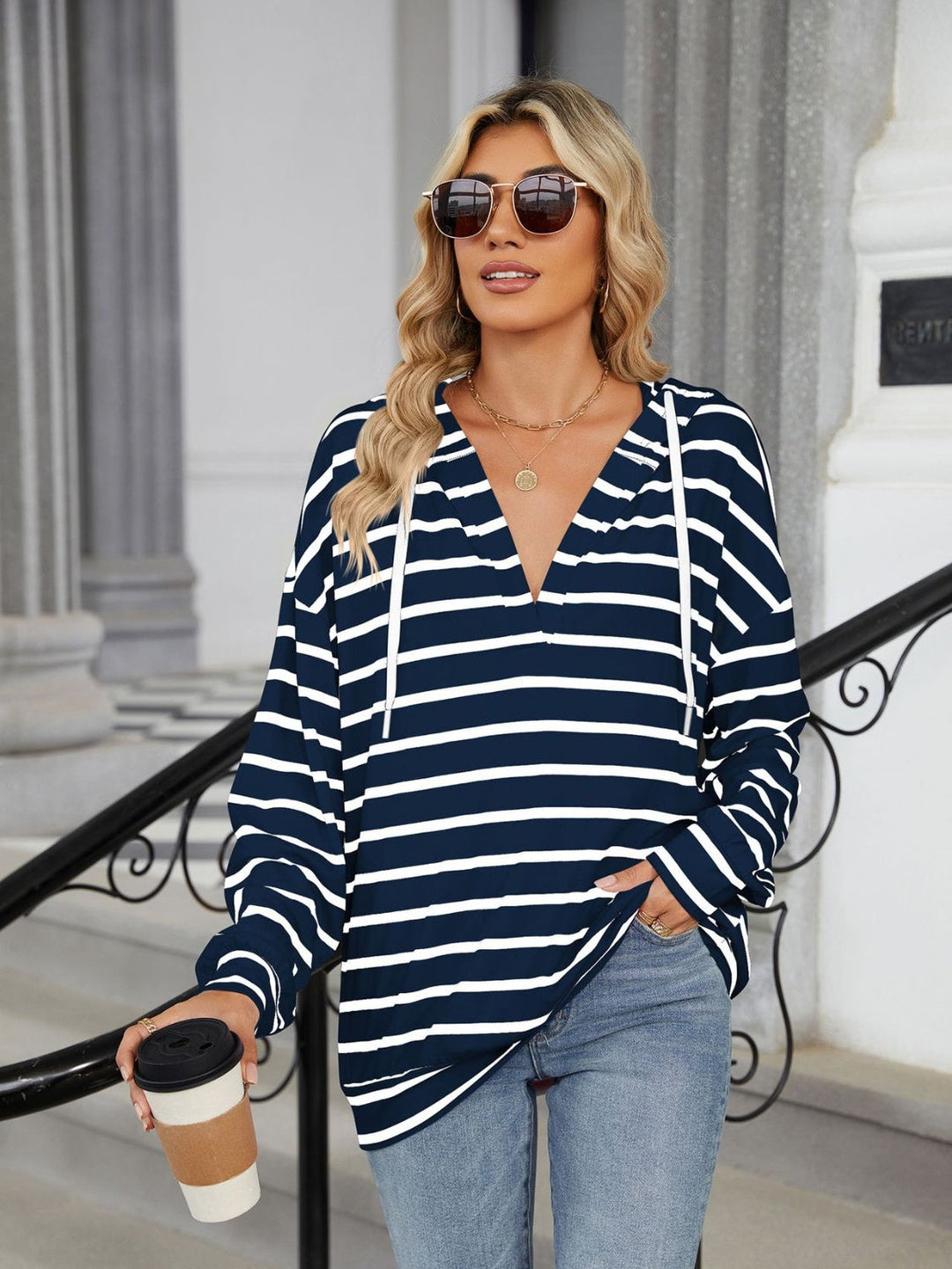 Drawstring Striped Long Sleeve V-Neck Hoodie (Ships in 2-3 Weeks)