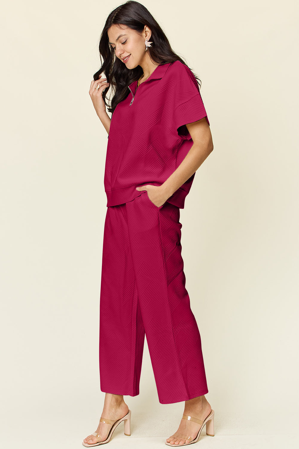 Textured Half Zip Short Sleeve Top and Pants Set by Double Take (Ships in 2-3 Weeks)