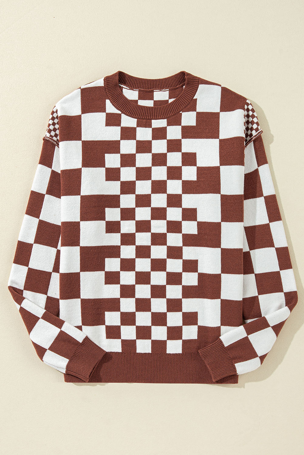 Lana Checkered Drop Shoulder Round Neck Sweater - Choice of Colors (Ships in 2-3 Weeks)