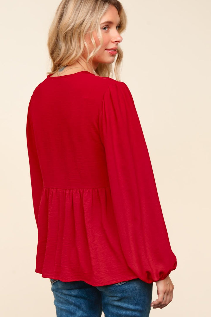 Front Ribbon Tie Long Sleeve Blouse - Red