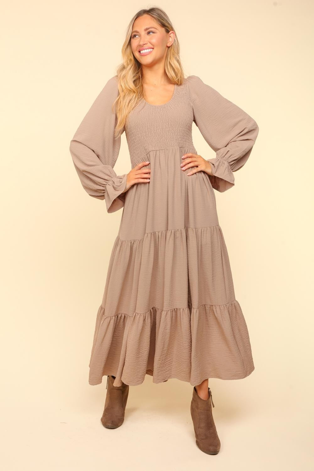 Smocking Woven Bubble Sleeve Maxi Dress - Taupe