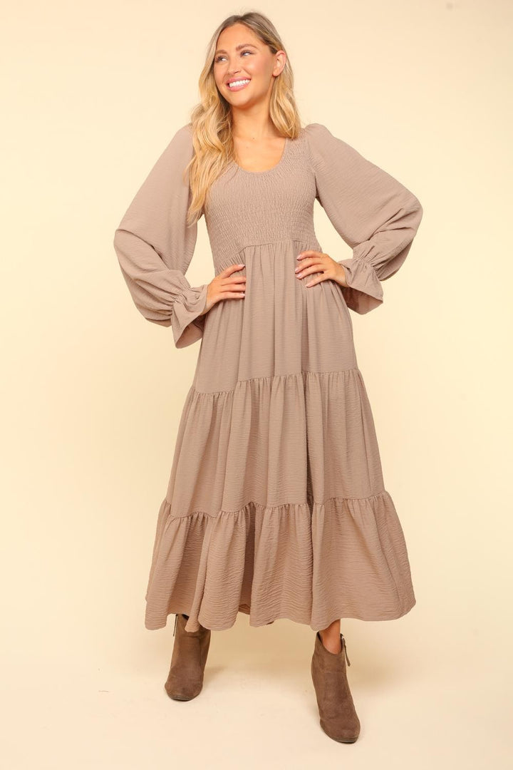 Smocking Woven Bubble Sleeve Maxi Dress - Taupe