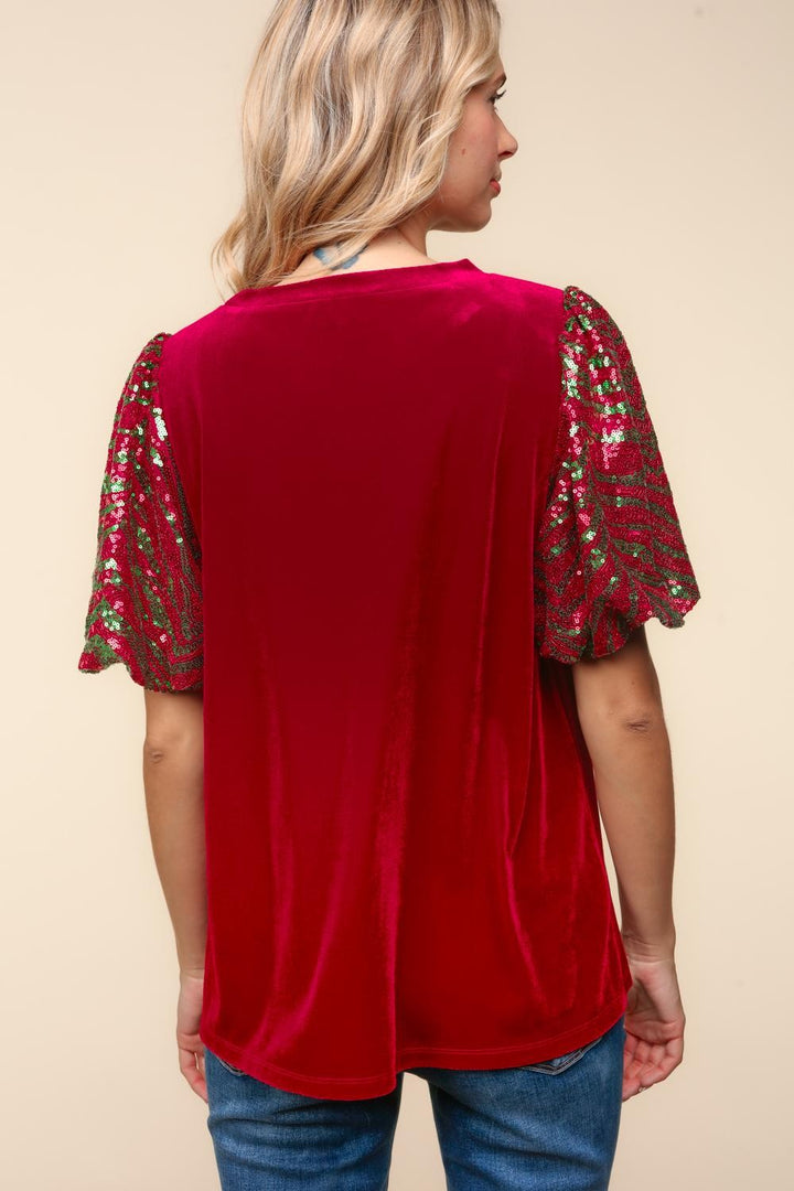 Velvet Sequin Sleeve Top - Christmas Red & Green