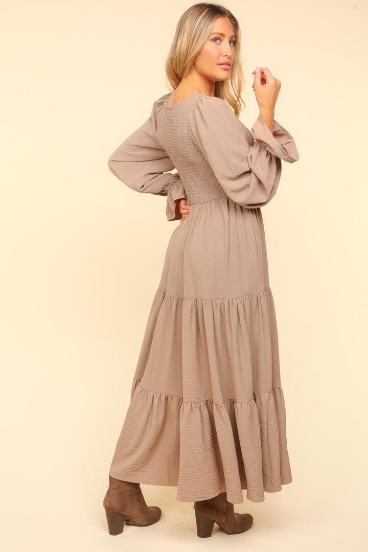 Smocking Woven Bubble Sleeve Maxi Dress - Taupe